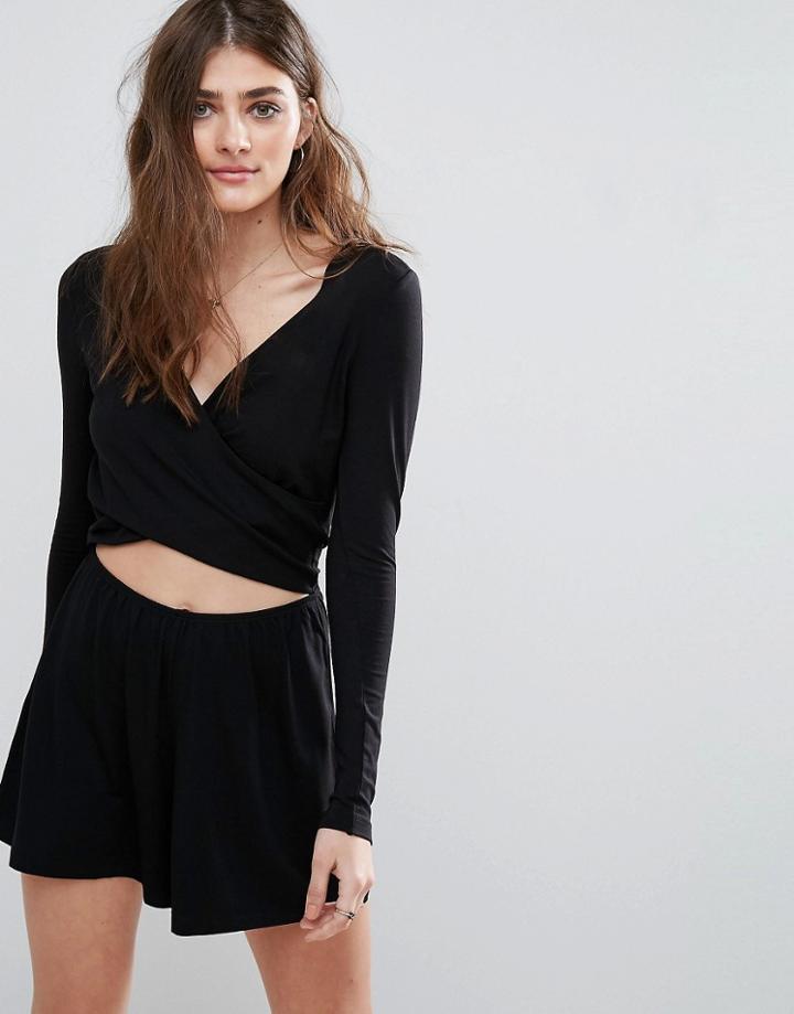 Asos Long Sleeve Cut Out Wrap Front Romper - Black