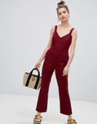 Asos Design Denim Jumpsuit With Kickflare In Berry-red