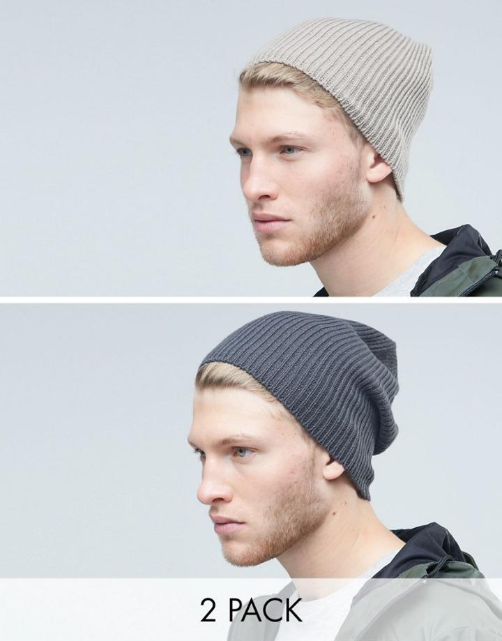 Asos Slouchy Beanie 2 Pack In Gray - Multi