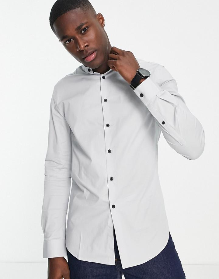Asos Design Skinny Shirt With Grandad Collar In Gray-grey