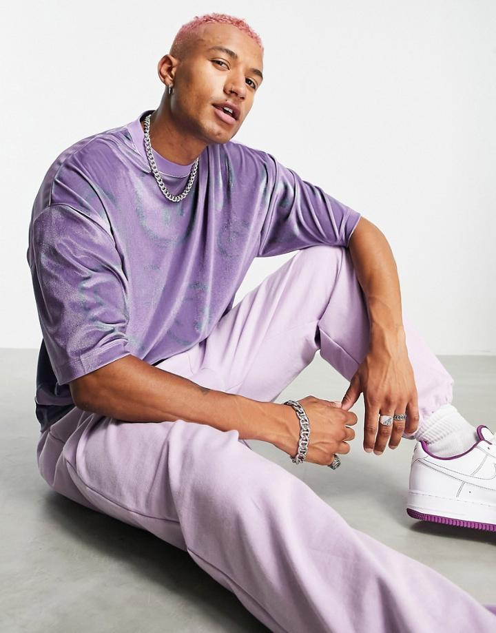 Asos Design Oversized T-shirt In Purple Printed Velour