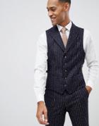 Moss London Premium Skinny Suit Vest In {[#100]}% Wool Boucle Stripe-navy