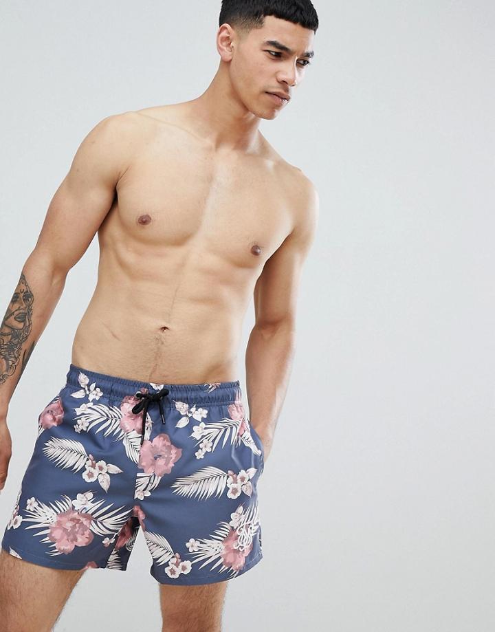 Siksilk Hazey Daze Swim Shorts In Navy With Palm Print - Navy