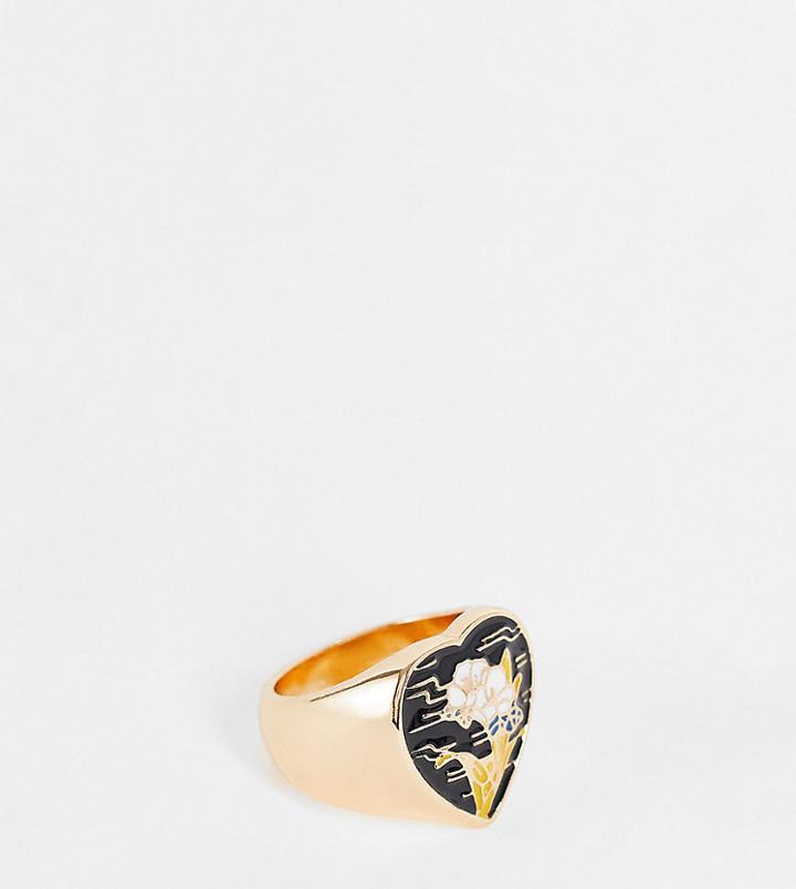 Reclaimed Vintage Inspired Heart Signet Ring With Flower Enamel In Gold