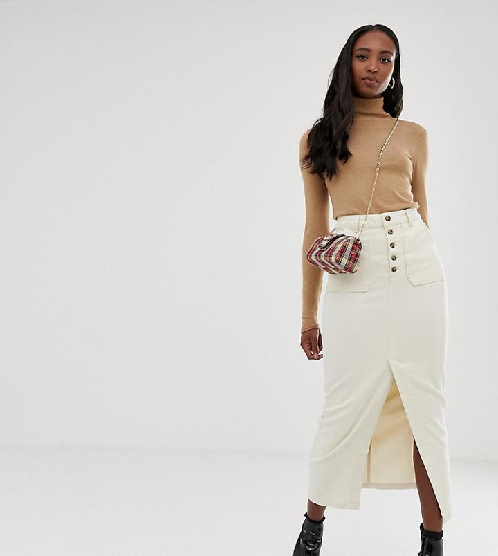 Asos Design Tall Denim Premium Midi Skirt With Button Front In Off-white - White