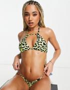 Luxe Palm High Neck Halterneck Bikini Top In Yellow Leopard Print
