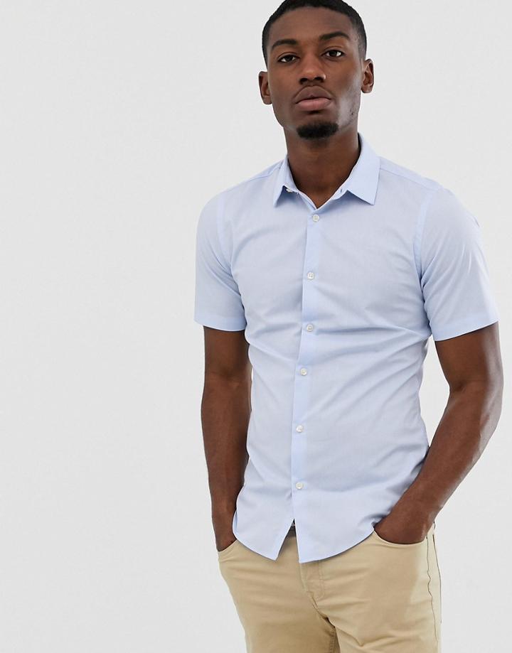 French Connection Plain Stretch Short Sleeve Shirt-blue