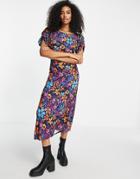 Asos Design Puff Sleeve Midi Dress In Bright Floral-multi