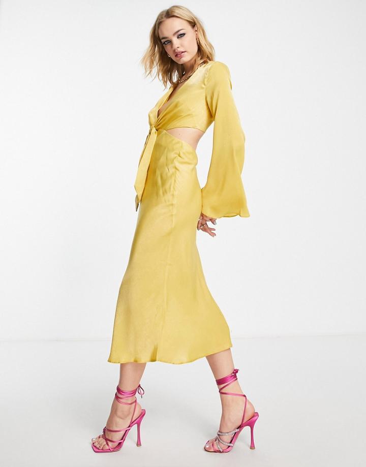 Asos Design Tie Front Satin Midi Dress With Flared Sleeve And Cut Out Side-yellow