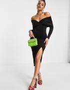 Asos Design Off The Shoulder Sweetheart Midi Dress With Button Detail In Black-green