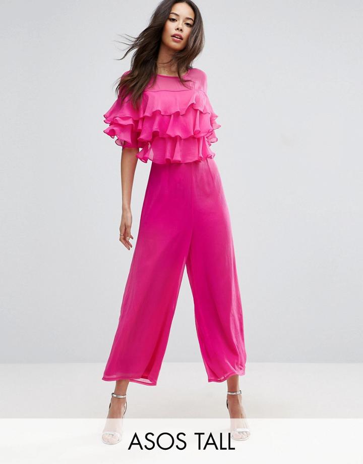 Asos Tall Ruffle Front Culotte Jumpsuit - Pink