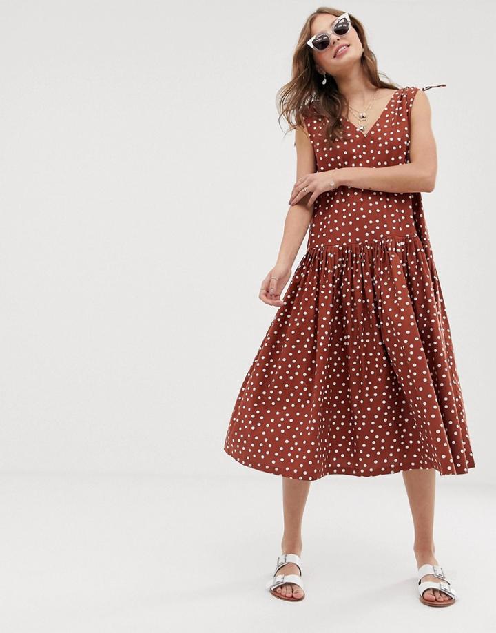 Asos Design V Front V Back Smock Dress Midi In Rust Spot-multi
