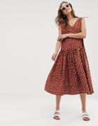 Asos Design V Front V Back Smock Dress Midi In Rust Spot-multi