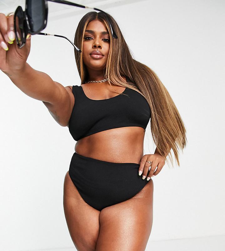 Asos Design Curve Mix And Match Crinkle High Leg High Waist Bikini Bottom In Black