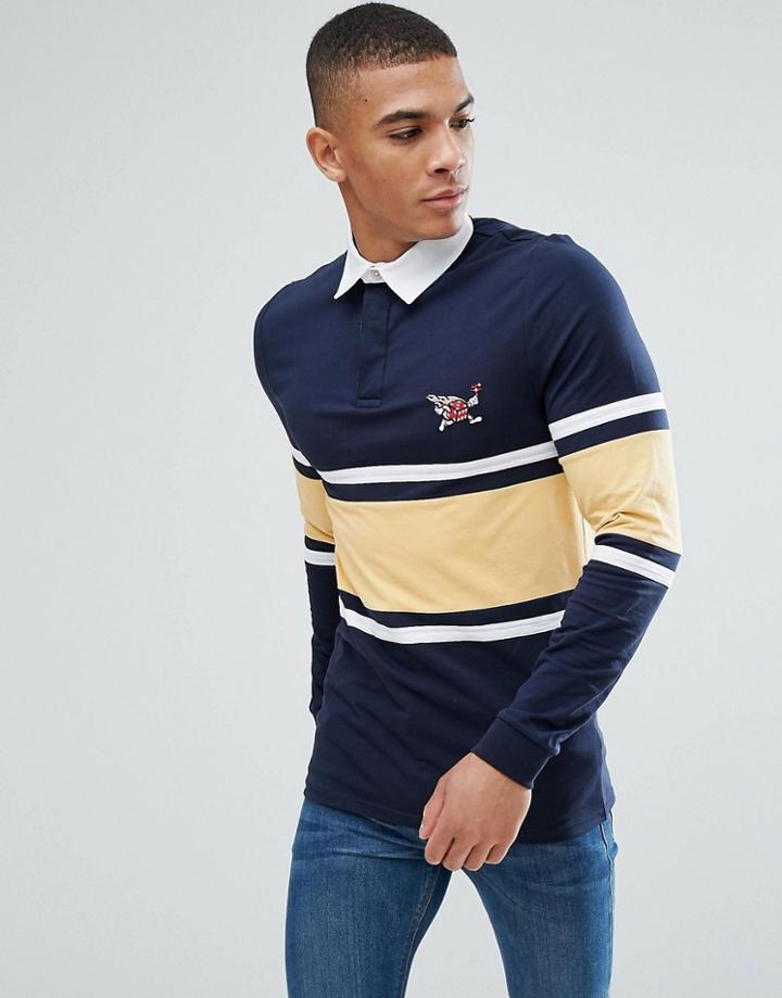 Asos Muscle Rugby With Stripe Panel With Embroidery - Navy
