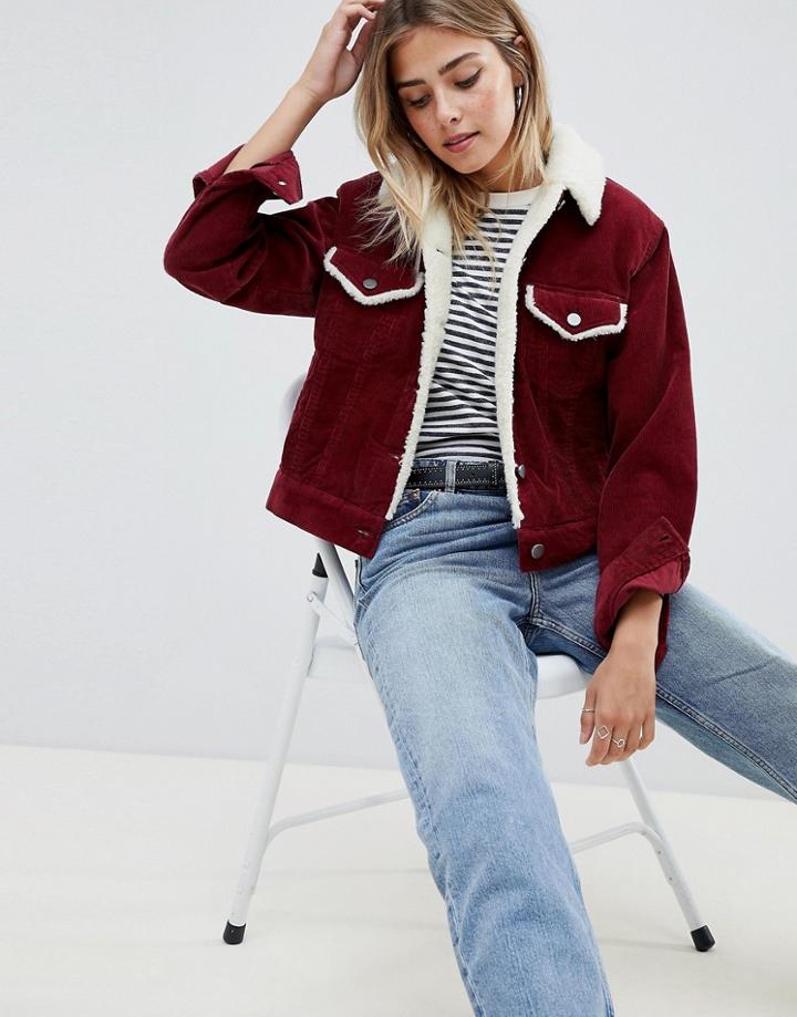 Asos Design Cord Jacket With Fleece Collar In Berry - Red