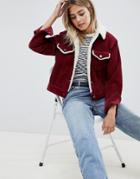 Asos Design Cord Jacket With Fleece Collar In Berry - Red