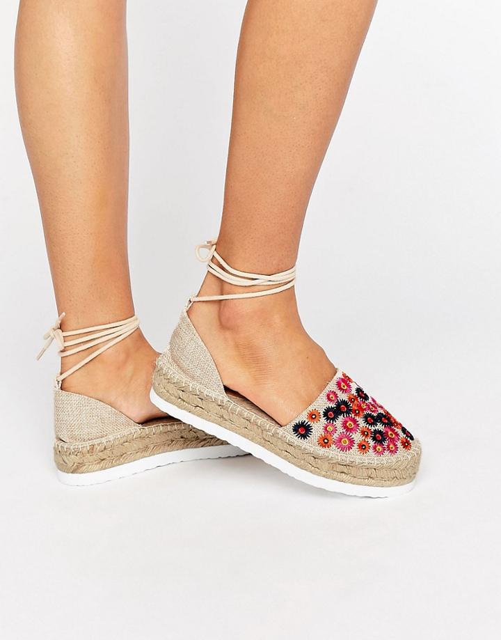 Asos Jazzy Embroidered Tie Leg Espadrilles - Beige