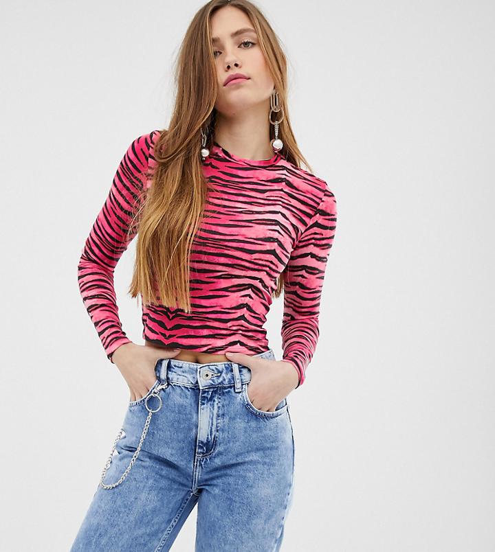 Bershka Crop Top In Neon Tiger Print - Pink