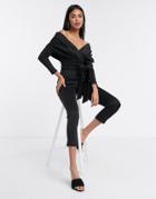 Asos Design Bardot Scuba Jumpsuit With Ruched Sleeves-black