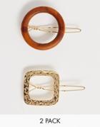 Asos Design Pack Of 2 Hair Clips In Wood And Metal - Gold