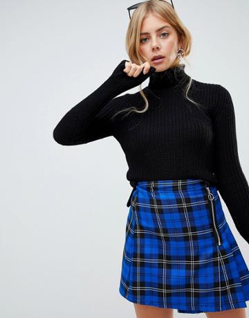 Brave Soul Honey Ribbed Roll Neck Sweater With Stitch Detail - Black