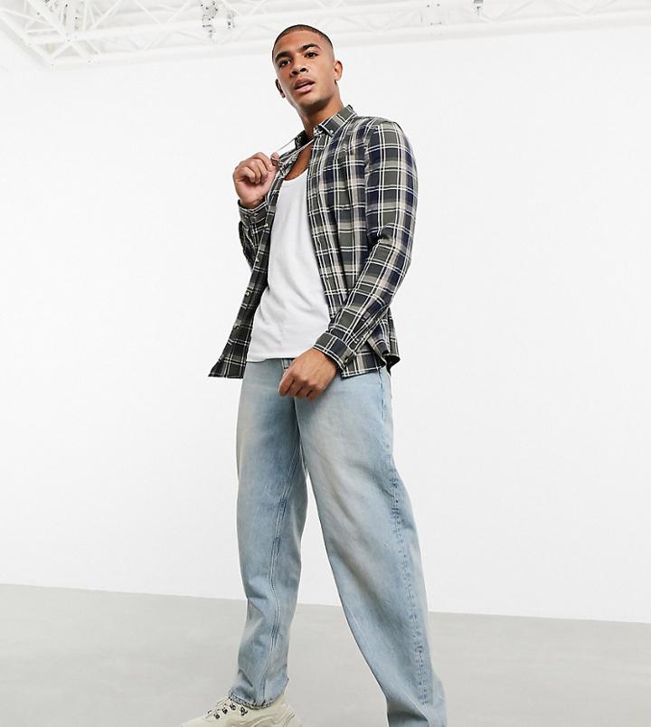 Asos Design Stretch Slim Check Shirt In Khaki And Navy-green