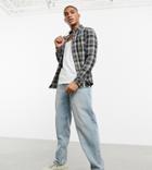 Asos Design Stretch Slim Check Shirt In Khaki And Navy-green