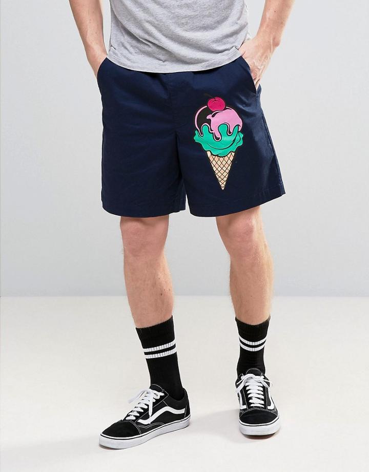 Asos Elasticated Waist Shorts With Ice Cream Print - Navy