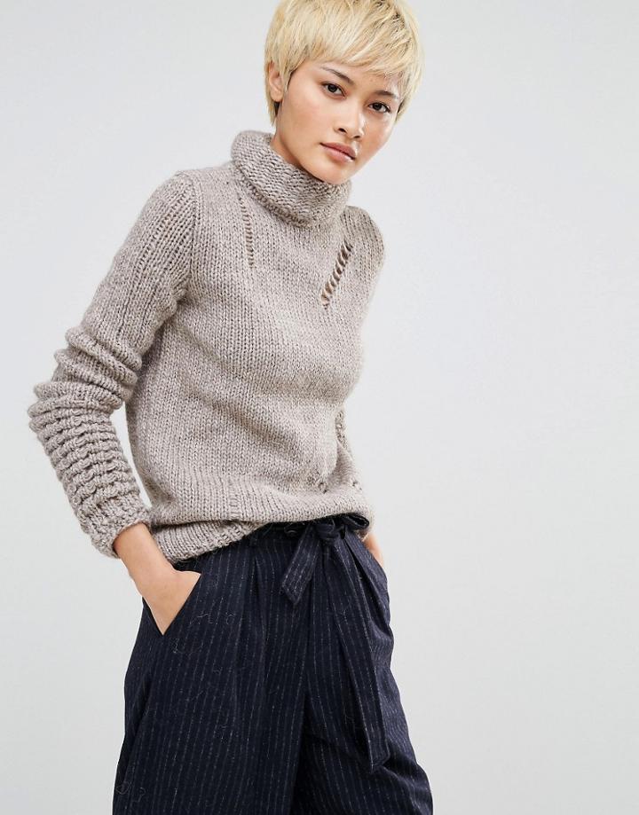 Oneon Hand Knitted Sweater In Roll Neck With Ladder Detail - Beige