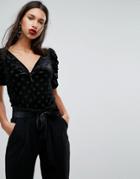 Mango Velvet Spot Ruched Sleeve Top - Black
