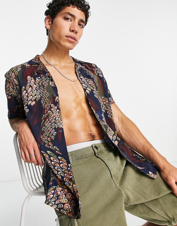 Another Influence Short Sleeve Peacock Print Shirt In Navy - Part Of A Set