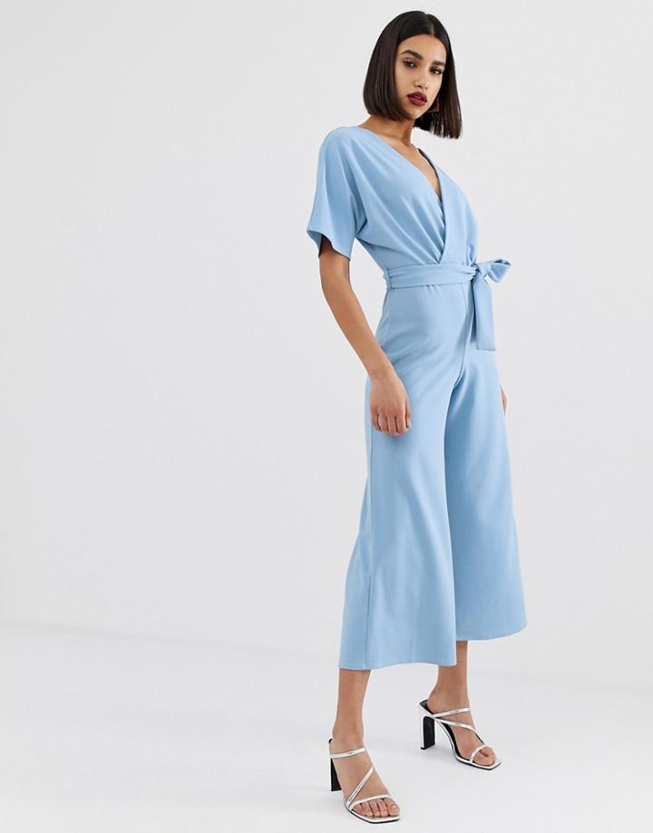 Prettylittlething Culotte Jumpsuit With Kimono Sleeve In Light Blue - Multi
