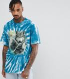 Reclaimed Vintage Inspired Oversized T-shirt In Blue Tie Dye With Wolf Print - Blue