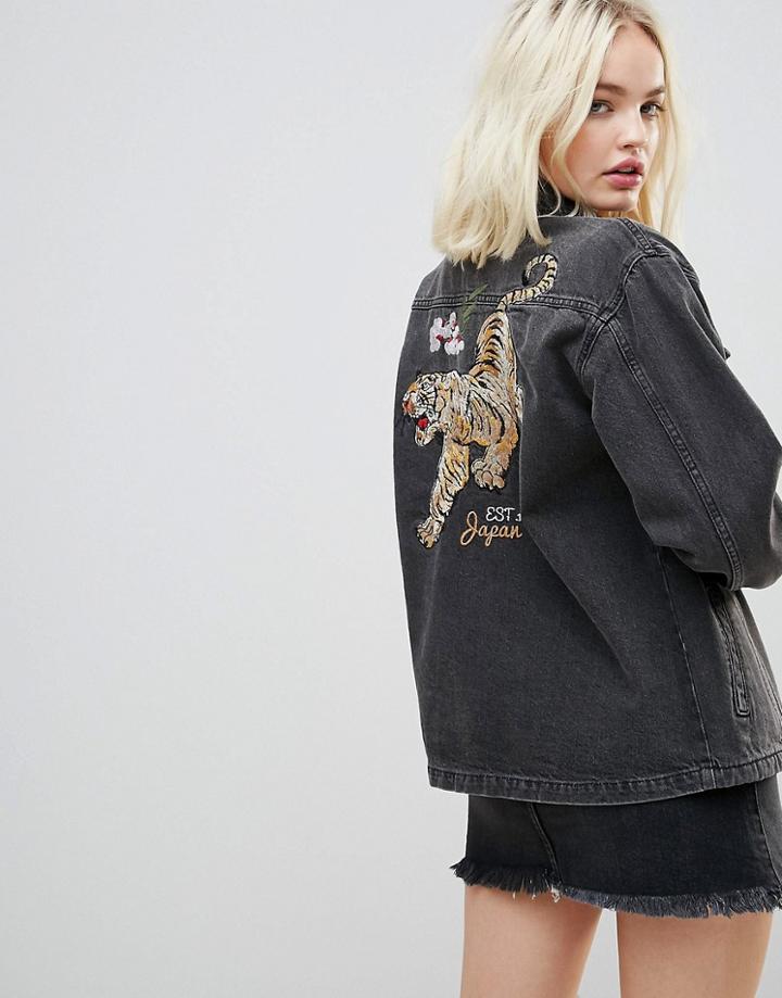 Chorus Tiger Embroidery Oversized Denim Jacket - Black
