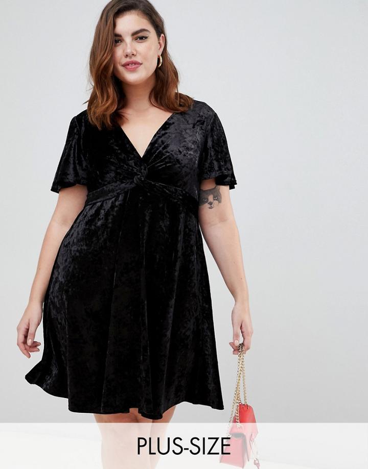 New Look Curve Velvet Twist Front Dress In Black - Black
