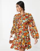 Vila Mini Dress With Wrap Skirt And Belt In Retro Floral-multi