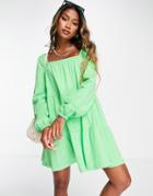 Asos Design Tiered Square Neck Smock Mini Dress In Bright Green