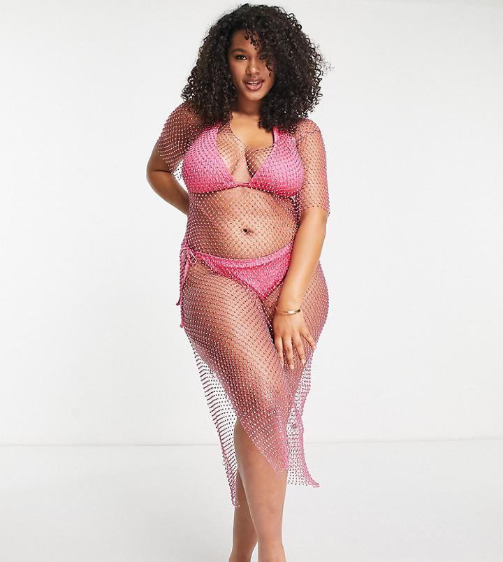 Asos Design Curve Diamante Mesh Beach Cover Up In Pink