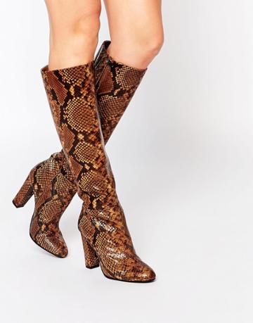 Aldo Etassi Snake Effect Leather Heeled Knee Boots - Rust Snake