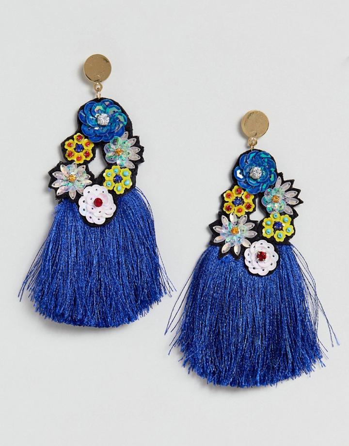 Asos Statement Blue Sequin Tassel Earrings - Blue