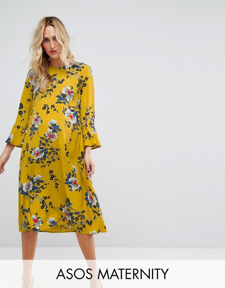 Asos Maternity Column Midi Dress In Satin Floral - Multi