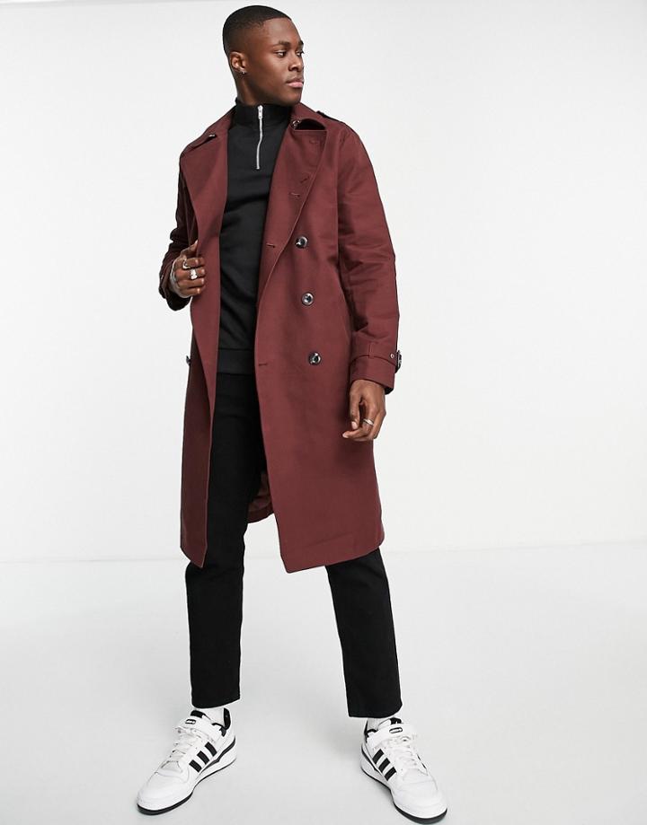 Asos Design Shower Resistant Longline Trench Coat With Belt In Burgundy-red