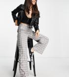 Asos Design Petite Slouchy Straight Leg Pants In Gray Check-multi