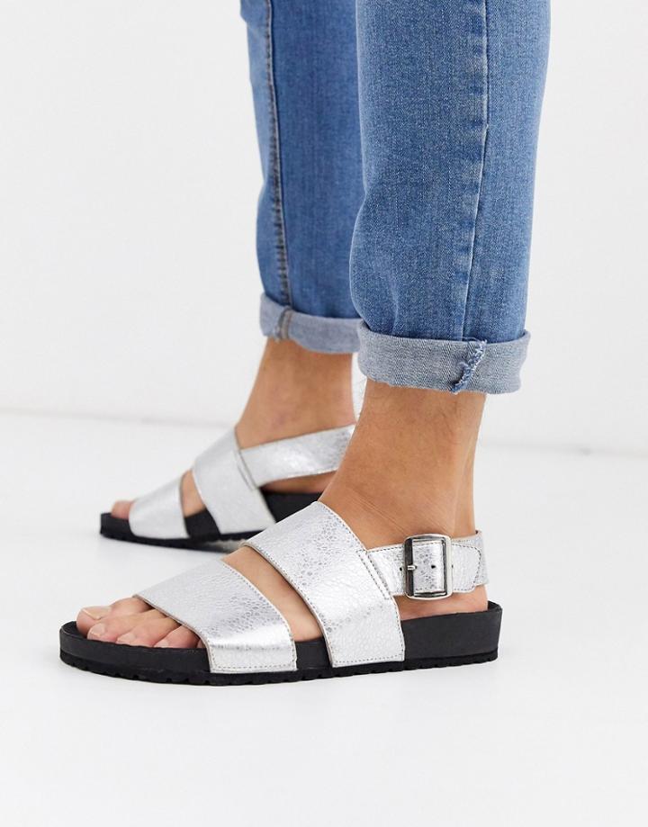 Asos Design Leather Sandals In Metallic Silver