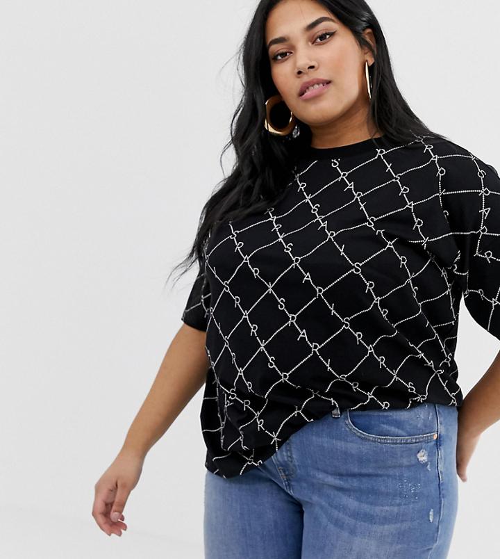 Asos Design Curve Oversized T-shirt With Paris Monogram Print-black