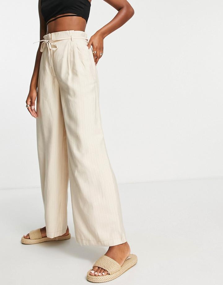 Vila High Waisted Wide Leg Pants In Cream Pinstripe-neutral