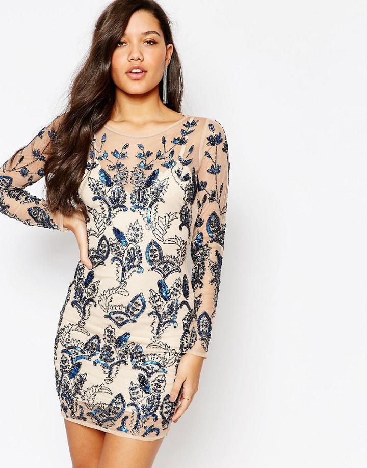 Missguided Premium Floral Embellished Bodycon Mini Dress - Cream