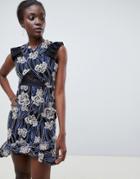 Three Floor Printed Asymmetric Hem Mini Dress With Lace Insert-multi