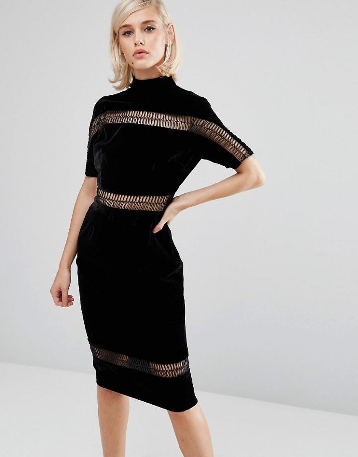 Lost Ink High Neck Velvet Dress With Ladder Inserts - Black